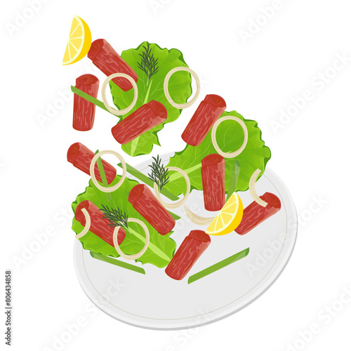 Vector Illustration logo Levitation Korean beef barbecue Chadolbaegi with Fresh vegetables