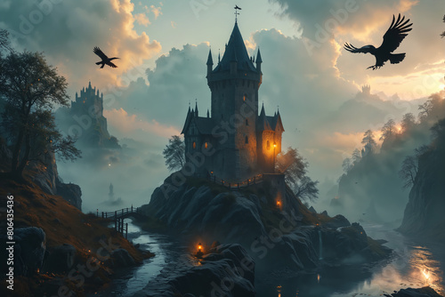 ethereal fantasy concept art of , medieval lighted lookout tower in fantasy style on a hill next to a small river, dark clouds, dense fog, evening atmosphere