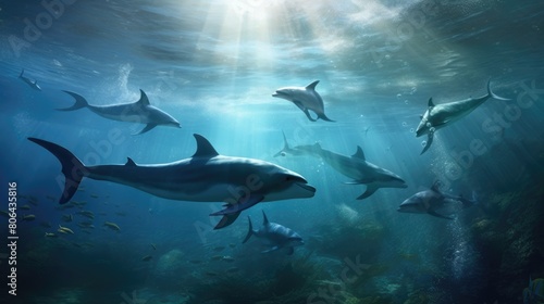 A pod of dolphins swims through a coral reef. AIG51A. © Summit Art Creations