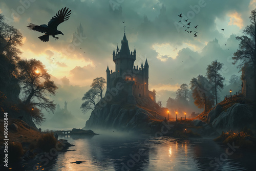 ethereal fantasy concept art of , medieval lighted lookout tower in fantasy style on a hill next to a small river, dark clouds, dense fog, evening atmosphere