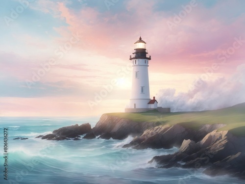  Coastal Serenity  Britteny Lighthouse in Poster-Style Pastels 