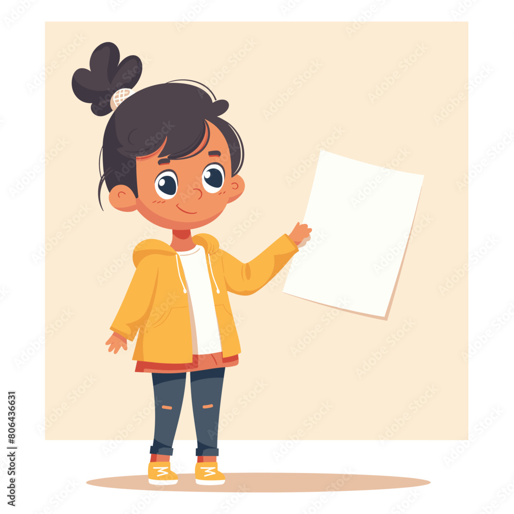 Young girl presenting blank paper sheet, smiling cartoon character, school presentation. Child holding empty sign, cheerful student showcase, vector graphic. Cute kid displaying white placard Young girl presenting blank paper sheet, smiling cartoon character, school presentation. Child holding empty sign, cheerful student showcase, vector graphic. Cute kid displaying white placard