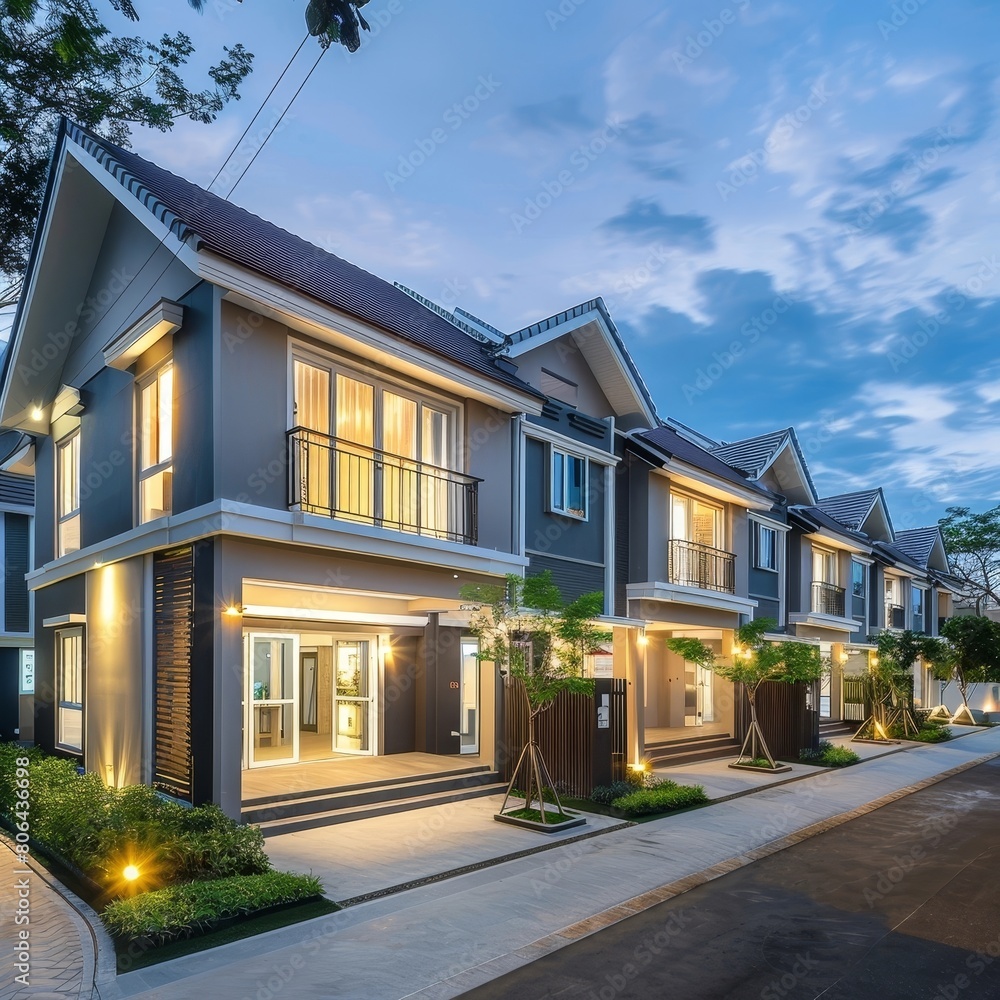 Fototapeta premium Affordable and Vibrant Townhouse Community in Bangna Showcases Architectural Diversity and Inviting Residential Lifestyle