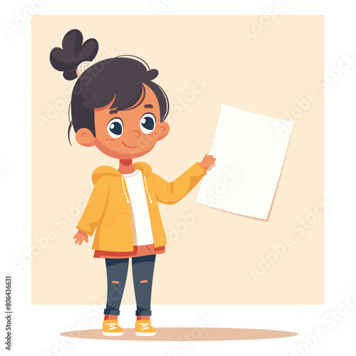 Young girl presenting blank paper sheet, smiling cartoon character, school presentation. Child holding empty sign, cheerful student showcase, vector graphic. Cute kid displaying white placard