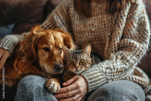cat and dog in woman embrace at cosy home AIG51A. photo