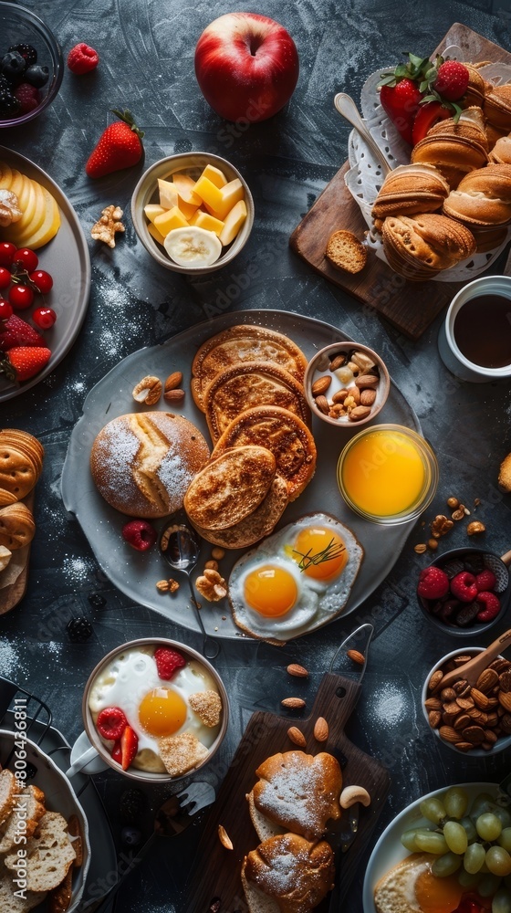 Appetizing Breakfast Spread of Fresh Fruit,Pastries,and Beverages for a Satisfying and Nutritious Start to the Day Appetizing Breakfast Spread of Fresh Fruit,Pastries,and Beverages for a Satisfying and Nutritious Start to the Day