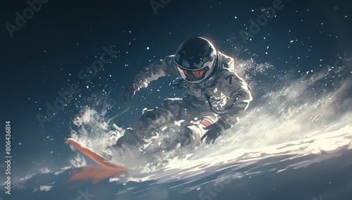 Astronaut snowboarding in the air  dark blue background and dust particles flying around.