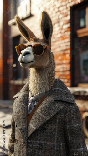 Dapper llama parades through city streets in tailored elegance, embodying street style. photo