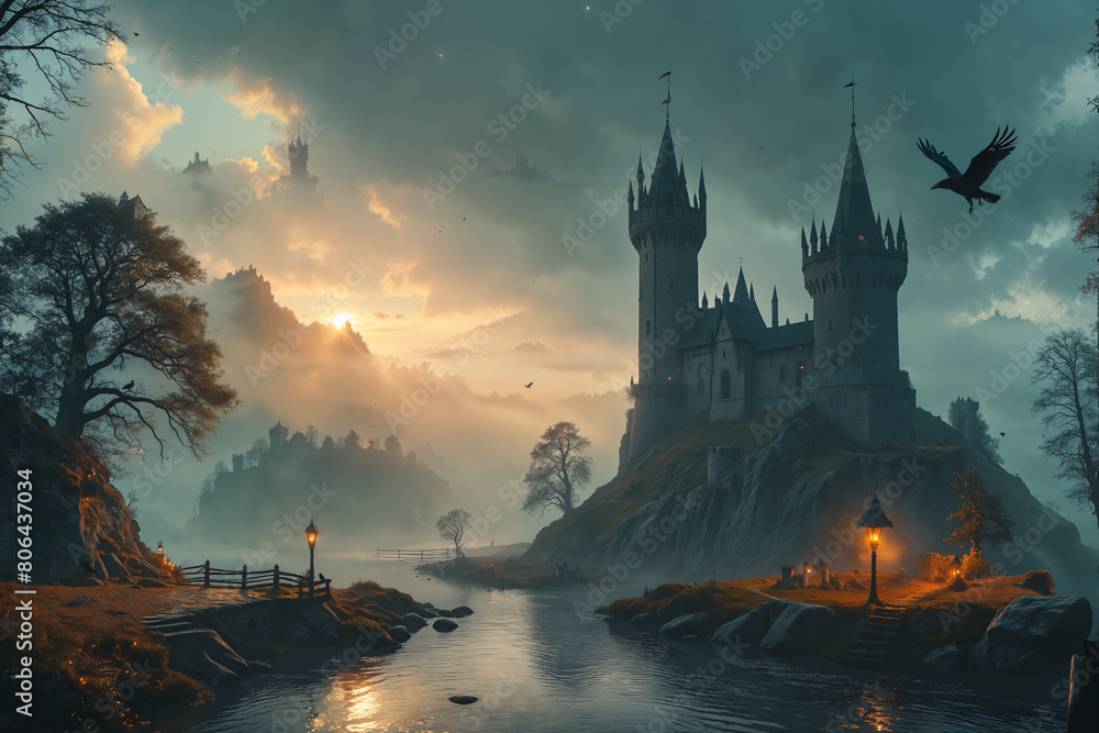 ethereal fantasy concept art of , medieval lighted lookout tower in fantasy style on a hill next to a small river, dark clouds, dense fog, evening atmosphere