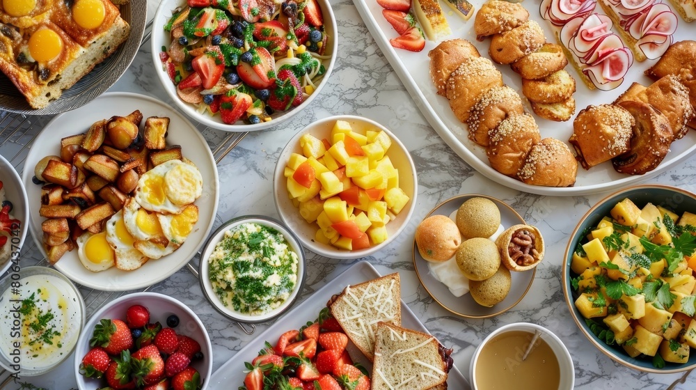 Breakfast Spread for a Lively Party with a Variety of Sweet and Savory Dishes Laid Out on a Table Breakfast Spread for a Lively Party with a Variety of Sweet and Savory Dishes Laid Out on a Table