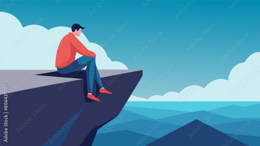 A person sitting in silent contemplation at the edge of a cliff symbolizing the deep introspection and inner calm of stoicism.. Vector illustration A person sitting in silent contemplation at the edge of a cliff symbolizing the deep introspection and inner calm of stoicism.. Vector illustration