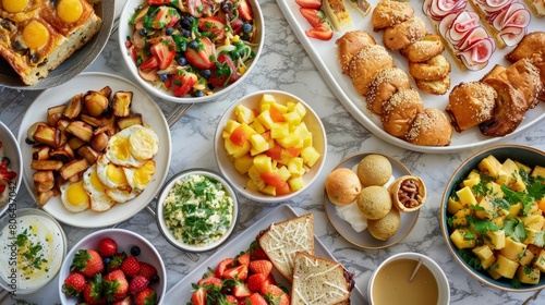 Breakfast Spread for a Lively Party with a Variety of Sweet and Savory Dishes Laid Out on a Table