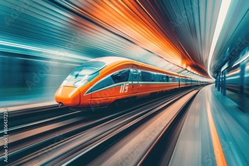 A sleek orange and white bullet train speeds through a tunnel. AIG51A.