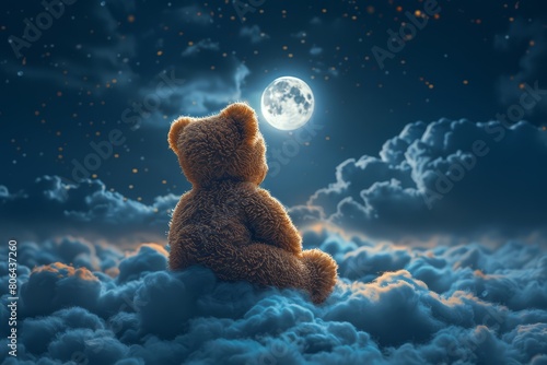 A teddy bear sitting on top of clouds with the moon in the background. The scene is set at night, creating an enchanting and dreamy atmosphere. 