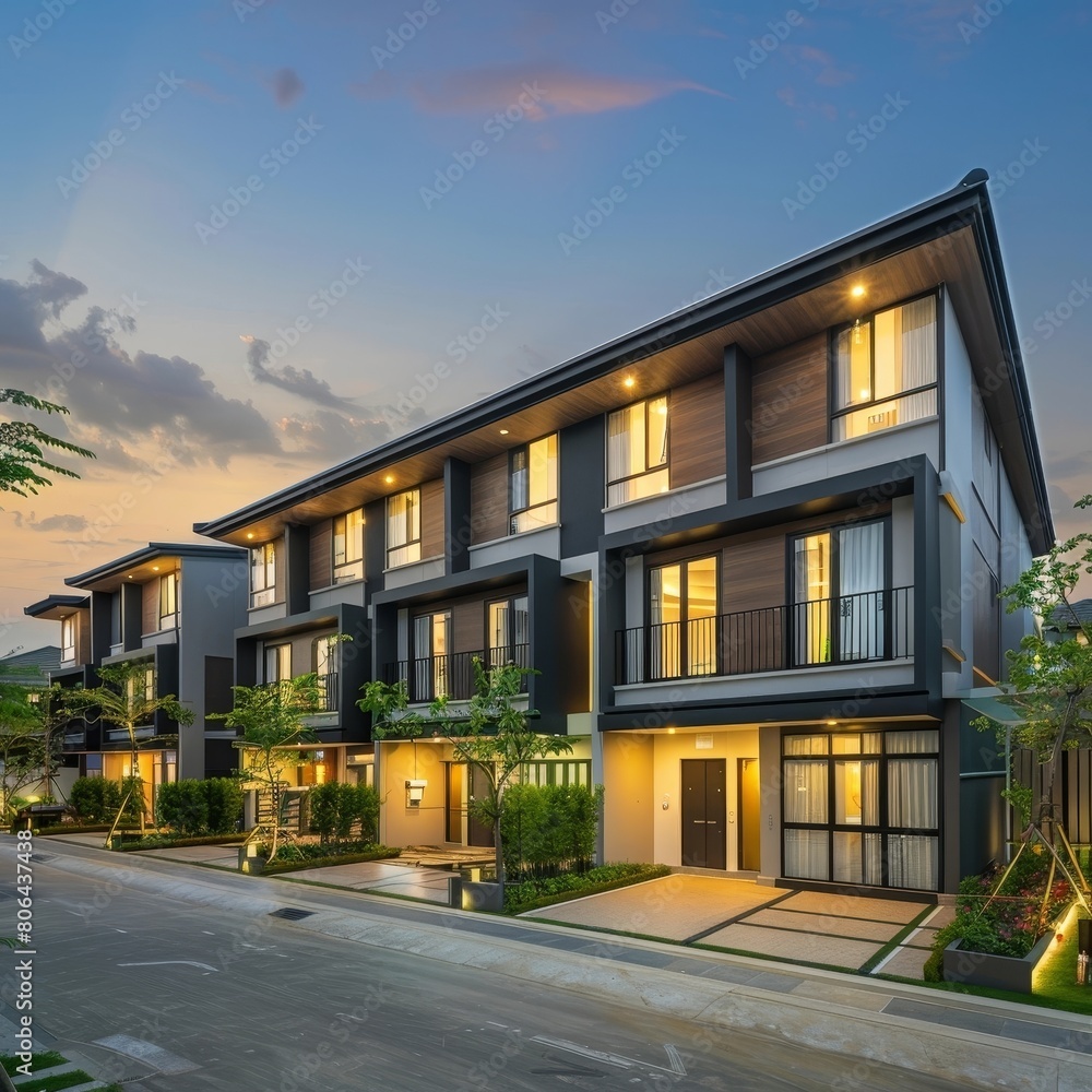 Fototapeta premium Contemporary Townhouses with Inviting Exteriors and Scenic Surroundings in an Urban Setting