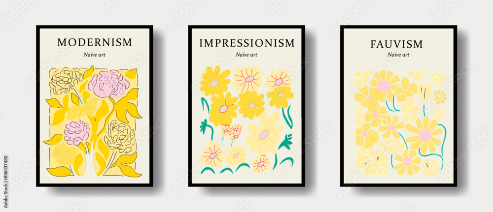 A set of pretty posters with floral design. Collection of wall placards in neutral pastel colors. A set of pretty posters with floral design. Collection of wall placards in neutral pastel colors.