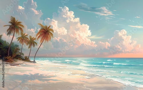 A pristine beach scene, with palm trees swaying gently in the breeze against a pastel sky