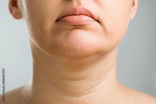 double chin. aging problem on female face. Bad skin and fat chin photo