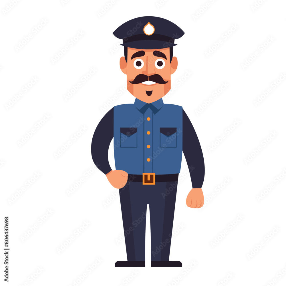 Male police officer stands confidently, wearing uniform, mustache, hat badge. Cartoon style policeman smiling, signifies law enforcement, safety. Isolated white background enhances professional Male police officer stands confidently, wearing uniform, mustache, hat badge. Cartoon style policeman smiling, signifies law enforcement, safety. Isolated white background enhances professional