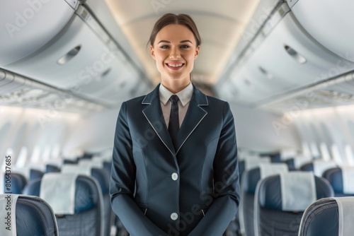 smiling cabin crew flight attendant in uniform stood in an empty airplane photo