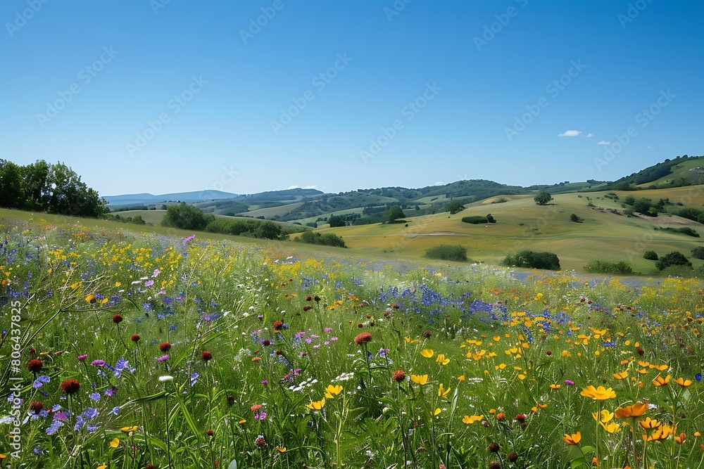 A radiant summer day, wildflowers blooming amidst rolling hills under a clear blue sky