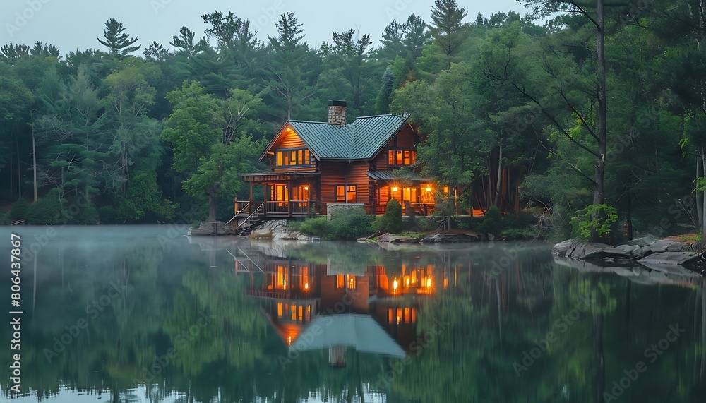 Fototapeta premium A peaceful lakeside retreat, surrounded by towering trees and mirrored in the calm water