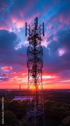 Dramatic Telecommunication Tower Silhouetted Against Vibrant Sunset Sky