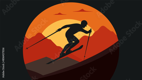 A skiers silhouette is framed by the setting sun as they exee a perfect midair jump their body parallel to the ground.. Vector illustration
