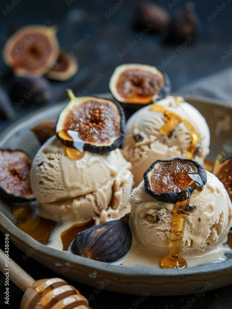 Exquisite Fig Ice Cream Artfully Plated with Dried Figs and Honey Drizzle Exquisite Fig Ice Cream Artfully Plated with Dried Figs and Honey Drizzle
