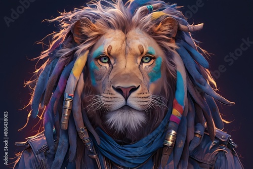 A lion with dreadlocks wearing colorful paint on its fur.