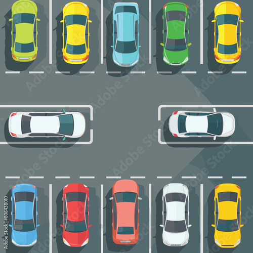 Top view parking lot cars parked illustration. Multiple vehicles colorful designs slots arranged. Cartoon style graphic parking area various automobiles