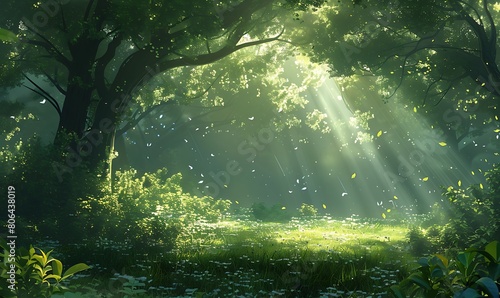 A dreamy forest glade  bathed in soft sunlight filtering through the canopy of leaves