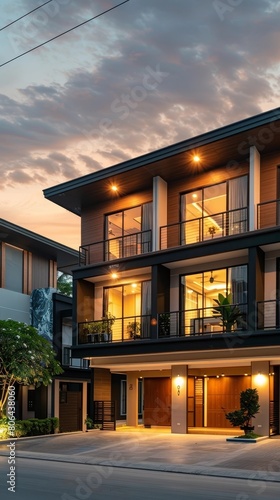 Exquisite Bangna Townhomes Illuminate the Night with Enchanting Architectural Design and Captivating Sunset Ambiance