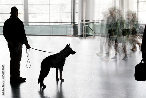 security guard with a dog on control in the lobby of the business center