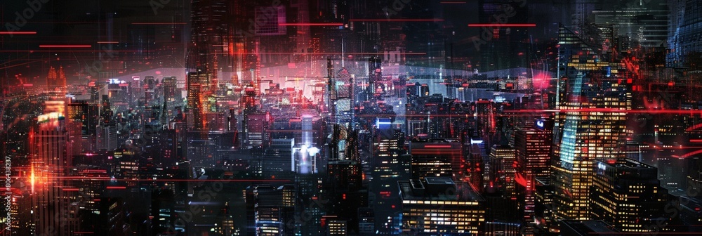 A futuristic cityscape at night, with streaks of black electric currents running through the skyline, giving the scene a dynamic and energetic feel