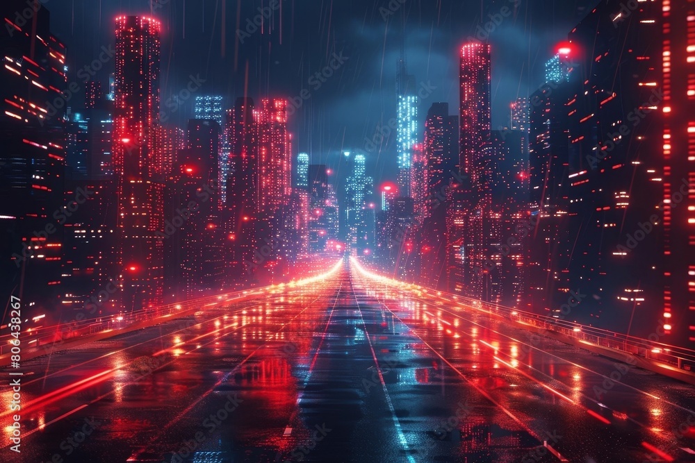 Futuristic Cityscape with Illuminated Skyscrapers and Glowing Roadway at Night
