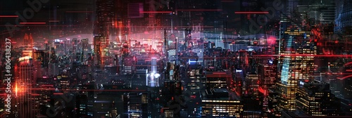 A futuristic cityscape at night  with streaks of black electric currents running through the skyline  giving the scene a dynamic and energetic feel