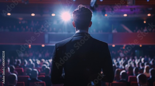 Backview of a Stylish Young Businessman in a Dark Crowded Auditorium at a Startup Summit, Young Man Talking to a Microphone During a Q and A session, Entrepreneur Happy with Event Speaker © sania