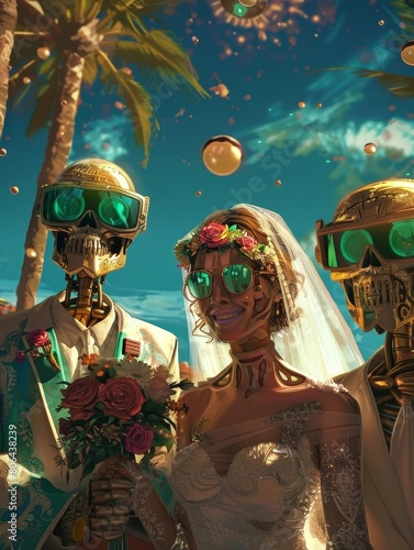 Futuristic Beach Wedding Ceremony Officiated by Alien Officiant in Sunglasses