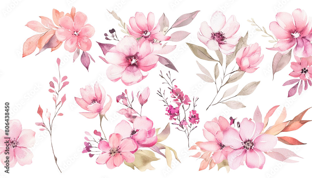 pink watercolor arrangements with flowers, set, bundle, bouquets with wildflowers, leaves, branches. Botanical illustration