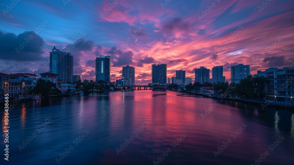 Fort Lauderdale, Florida, USA - November 30 2022: View to downtown skyline from 17th street bridge after the sunset.