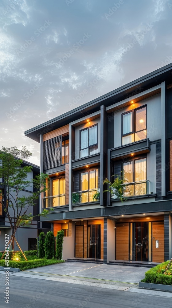 Obraz premium Luxurious Modern Townhome Exterior with Lush Landscaping and Dramatic Lighting at Twilight