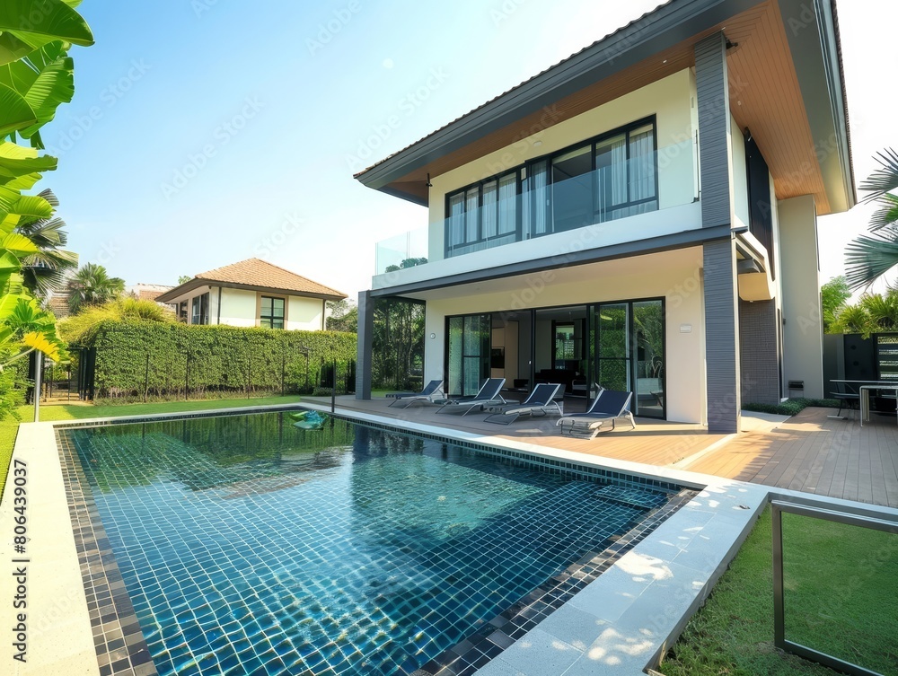Fototapeta premium Luxurious Modern Tropical Villa with Private Pool and Lush Garden Grounds