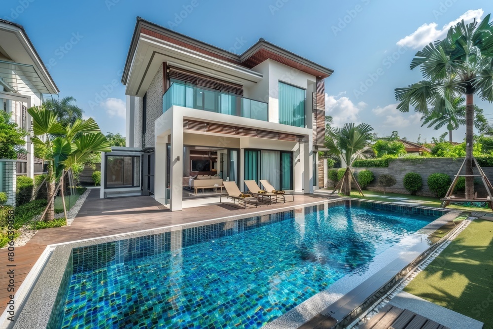 Luxurious tropical villa with sparkling pool and stunning garden landscape in Bangna rental community