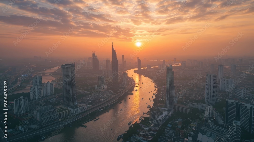Magnificent cityscape of a thriving metropolis at golden hour with a stunning skyline and reflective river Magnificent cityscape of a thriving metropolis at golden hour with a stunning skyline and reflective river