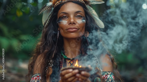 Indigenous Medicine Woman Performing Ancestral Ritual with Sacred Herbs in Forest