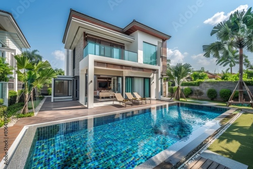 Luxurious tropical villa with sparkling pool and stunning garden landscape in Bangna rental community © kittipoj