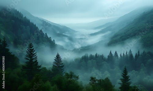 A misty mountain morning  with valleys below obscured by a blanket of fog