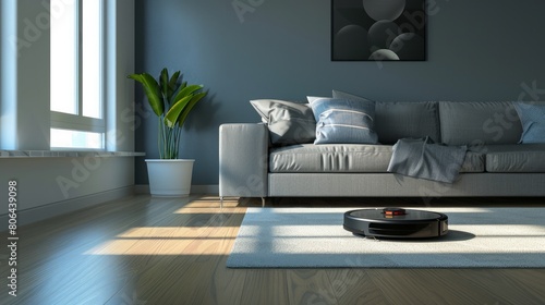 Near the room s sofa is a modern robot vacuum cleaner