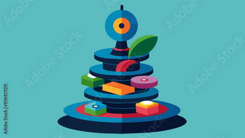 A whimsical garden sculpture made from stacking and bending vinyl records. Vector illustration